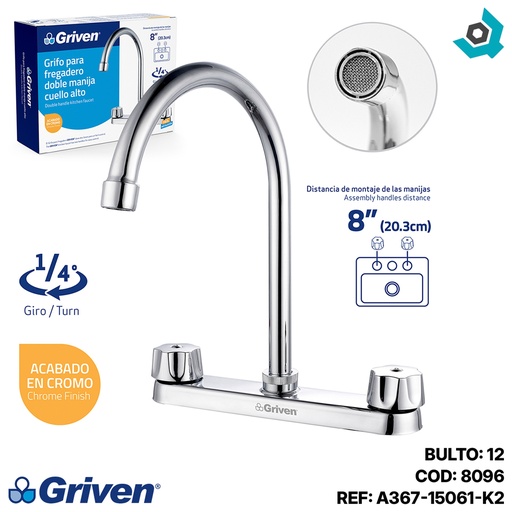 [8096] GRIFERIA PARA FREGADERO 8" CUELLO DE CISNE GRIVEN
