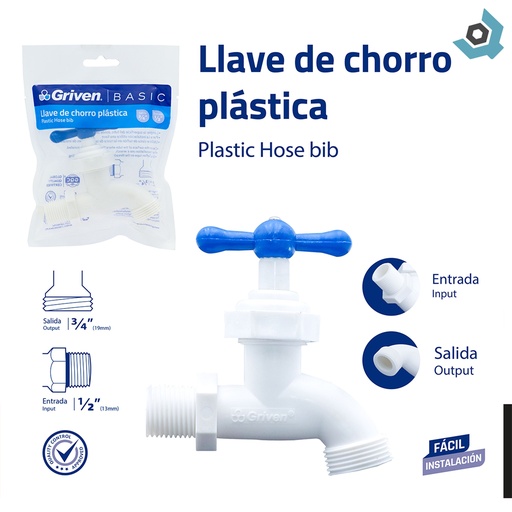 [8135] LLAVE DE CHORRO 1/2" X 3/4" PVC SIN PICO GRIVEN