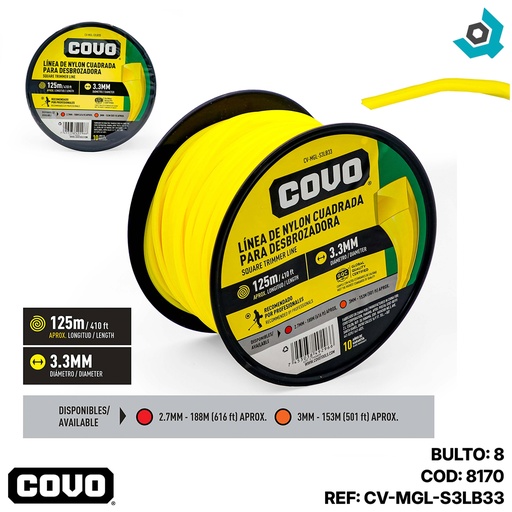 [8170] NYLON CUADRADO PARA DESMALEZADORA 125MT X 3.3MM COVO