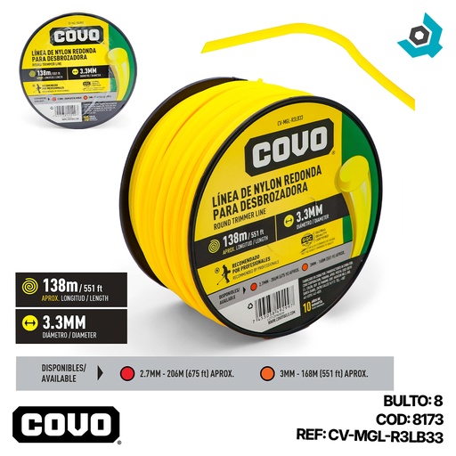[8173] NYLON REDONDO PARA DESMALEZADORA 138MT X 3.3MM COVO