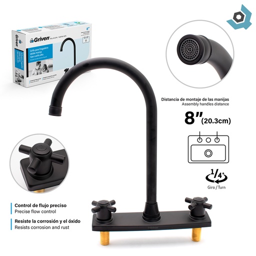 [8258] GRIFERIA PARA FREGADERO 8" MANIJA CRUZ GRIVEN BLACK