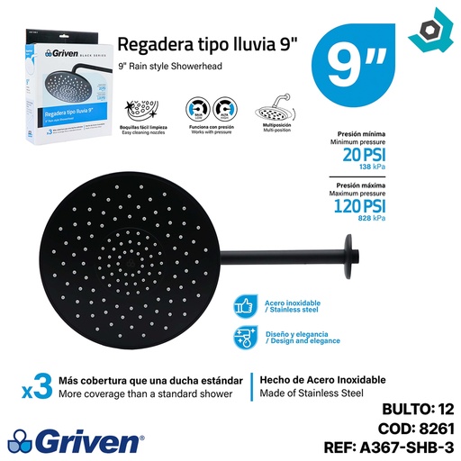 [8261] REGADERA PARA BANO 9" REDONDA GRIVEN