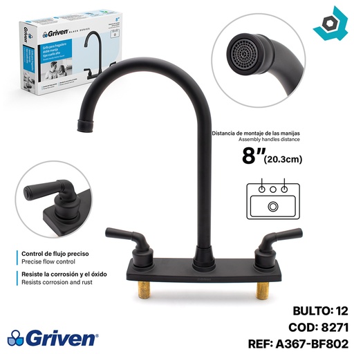 [8271] GRIFERIA PARA FREGADERO 8" CUELLO DE CISNE GRIVEN BLACK