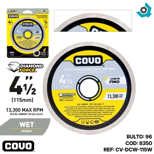 [8350] DISCO DIAMANTADO 4 1/2" X 7/8" CORTE CONTINUO COVO