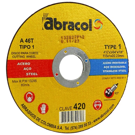 [8428] DISCO PARA CORTE 4 1/2" DE METAL ABRACOL