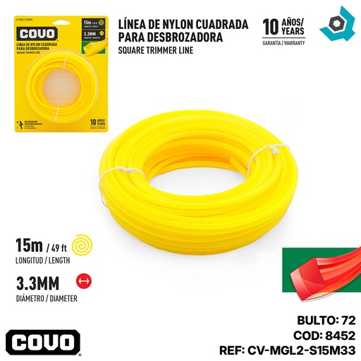[8452] NYLON CUADRADO PARA DESMALEZADORA 15MT X 3.3MM COVO