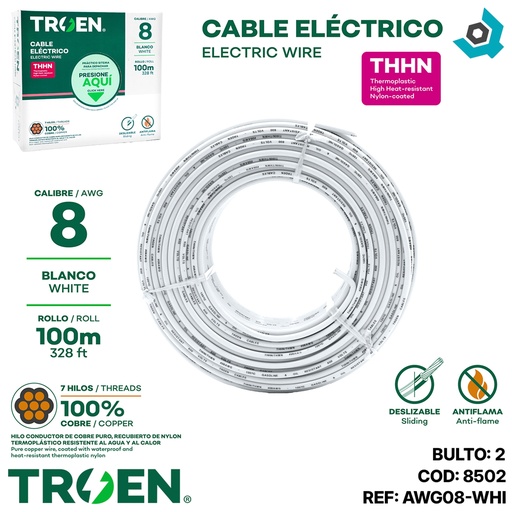[8502] CABLE ELECTRICO 8 AWG BLANCO 7 HILOS TROEN
