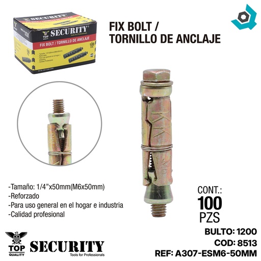 [8513] TORNILLO 1/4" X 50MM CON RAMPLUG METALICO SECURITY