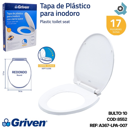 [8552] ASIENTO PARA INODORO 17" CIERRE SUAVE REDONDO GRIVEN