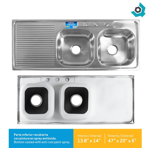 [8562] FREGADERO DOBLE 35 X 35.5 CM CON ESCURRIDOR GRIVEN