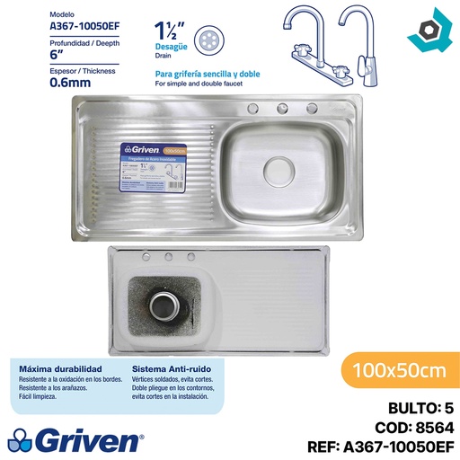 [8564] FREGADERO INDIVIDUAL 42 X 35 CM CON ESCURRIDOR GRIVEN