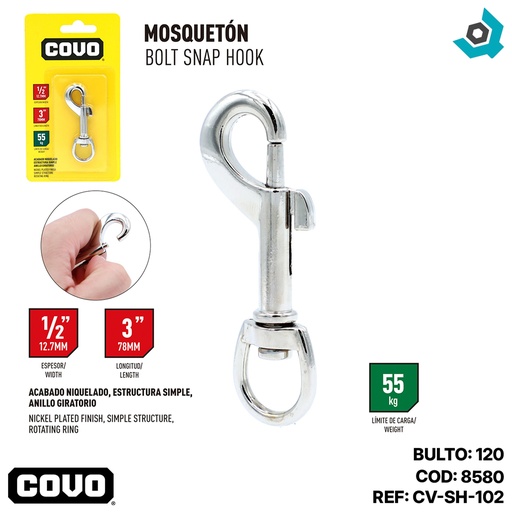 [8580] BANDOLA MOSQUETON 3" ANILLO GIRATORIO COVO