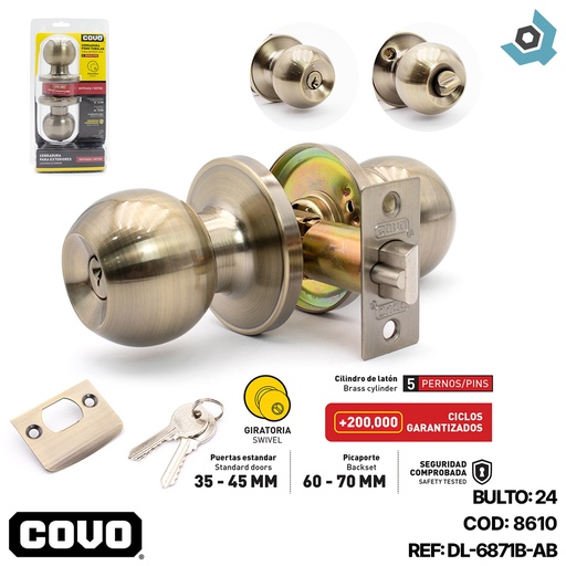 [8610] CERRADURA POMO TUBULAR PARA DORMITORIO COBRE ENVEJECIDO COVO