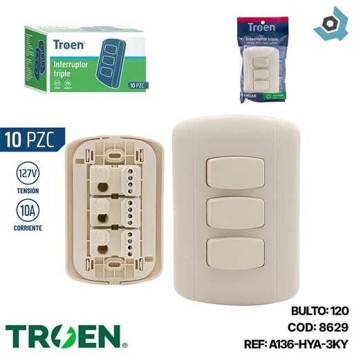 [8629] APAGADOR TRIPLE BLANCO TROEN