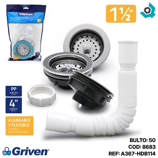 [8683] SIFON PARA FREGADERO 1 1/2" X 4" TRAMPA FLEXIBLE GRIVEN