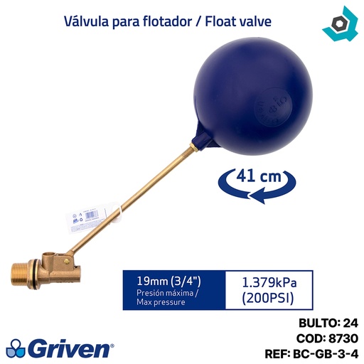 [8730] FLOTADOR CON VARILLA 3/4" PARA TANQUE DE AGUA GRIVEN
