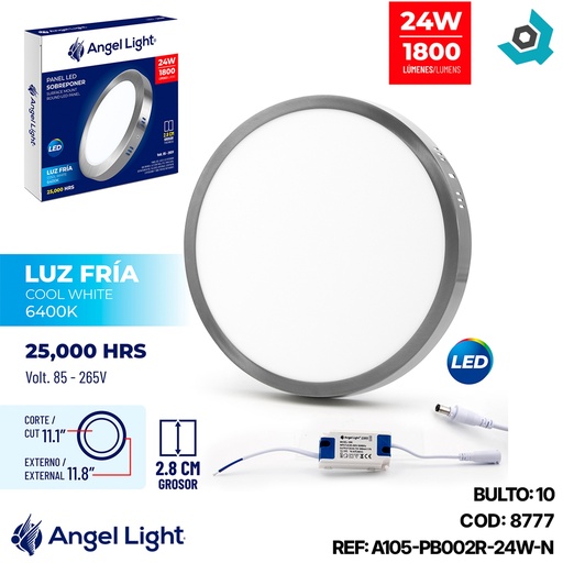 [8777] LAMPARA LED SUPERFICIAL REDONDA 24W NIQUELADA LUZ BLANCA ANGEL LIGHT