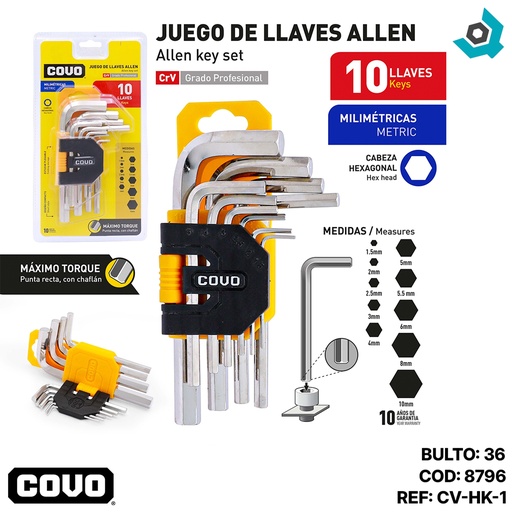 [8796] JUEGO DE LLAVES ALLEN 10 PIEZAS COVO