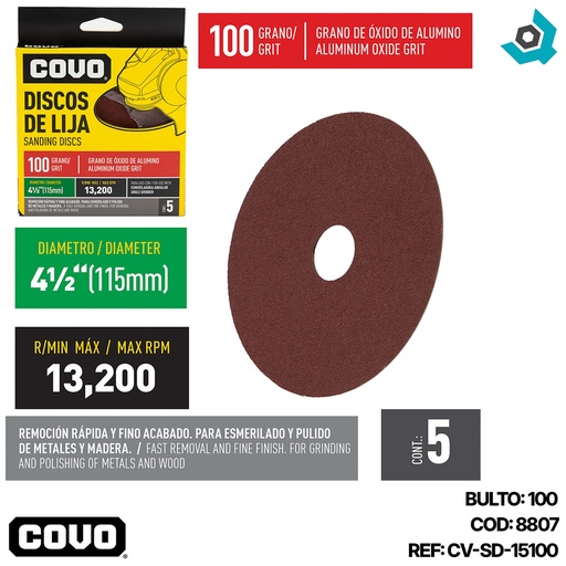 [8807] DISCO DE LIJA 4 1/2" X 7/8" GRANO 100 COVO