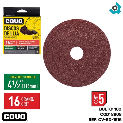 [8808] DISCO DE LIJA 4 1/2" X 7/8" GRANO 16 COVO