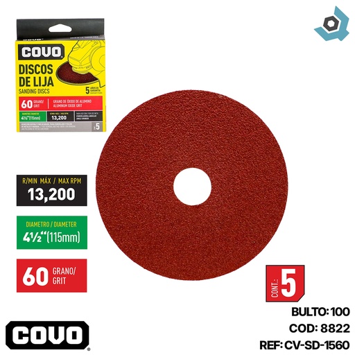 [8822] DISCO DE LIJA 4 1/2" X 7/8" GRANO 60 COVO