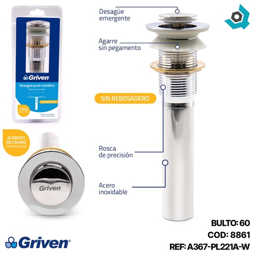 [8861] DESAGUE PARA LAVAMANOS 1 1/4" X 20CM PUSH PEQUENO GRIVEN