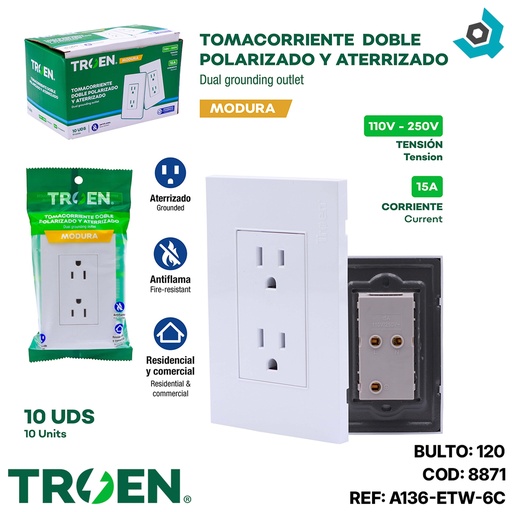 [8871] TOMACORRIENTE DOBLE BLANCO CON TIERRA TROEN