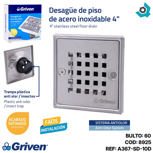[8925] DESAGUE DE PISO 4" ANTIOLOR CUADRADO GRIVEN