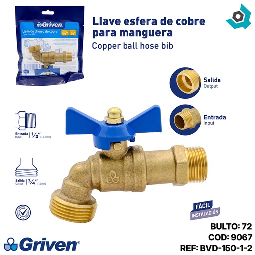 [9067] LLAVE DE CHORRO 1/2" DE BRONCE ESFERA DE COBRE GRIVEN