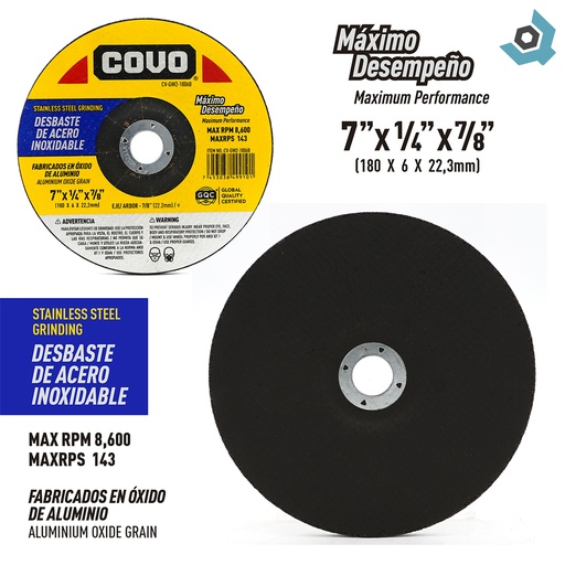 [9114] DISCO DE DESBASTE 7" DE ACERO INOXIDABLE COVO