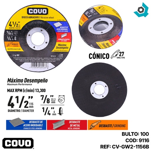 [9116] DISCO DE DESBASTE 4 1/2" DE ACERO INOXIDABLE COVO