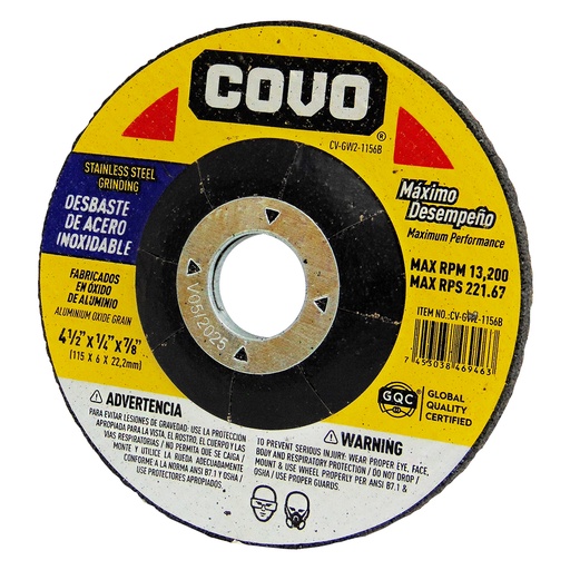 [9116] DISCO DE DESBASTE 4 1/2" DE ACERO INOXIDABLE COVO
