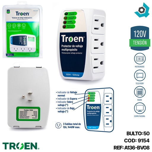 [9154] PROTECTOR DE VOLTAJE 120V 3 TOMAS TROEN
