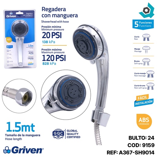 [9159] REGADERA DE MANO CON MANGUERA 1.5M GRIVEN