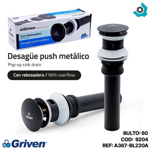 [9204] DESAGUE PARA LAVAMANOS 1 1/4" X 19CM PUSH NEGRO GRIVEN BLACK