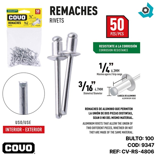 [9347] REMACHE 3/16" X 1/4" 50 PIEZAS COVO