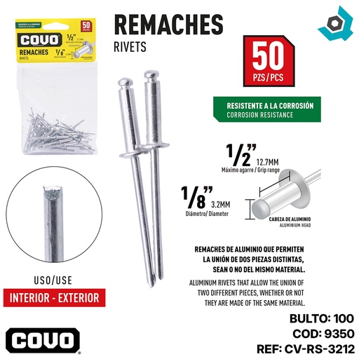 [9350] REMACHE 1/8" X 1/2" 50 PIEZAS COVO