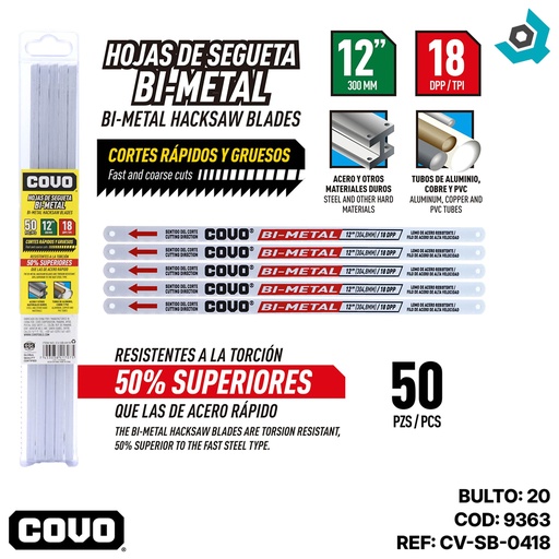 [9363] HOJAS DE SEGUETA 18 DIENTES BI METAL COVO