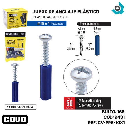 [9431] TORNILLOS CON RAMPLUG 10 X 1" 50 PIEZAS