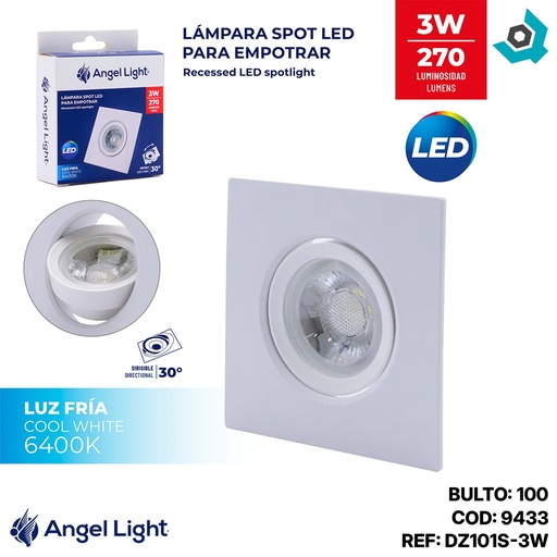 [9433] LAMPARA LED OJO DE BUEY 3W 3" CUADRADO LUZ BLANCA ANGEL LIGHT