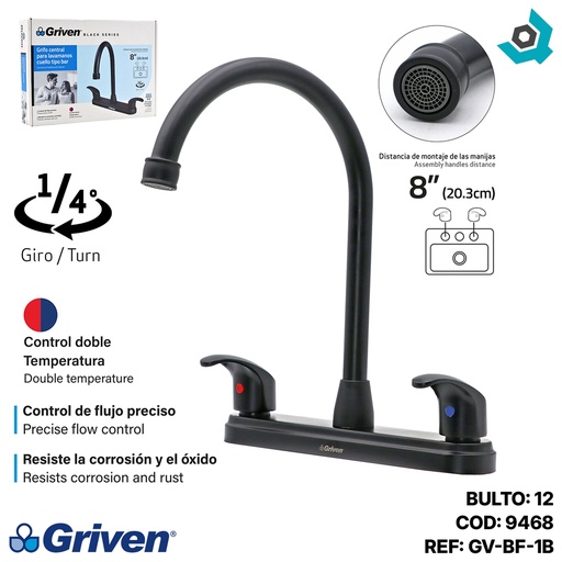 [9468] GRIFERIA PARA FREGADERO 8" CUELLO DE CISNE GRIVEN BLACK