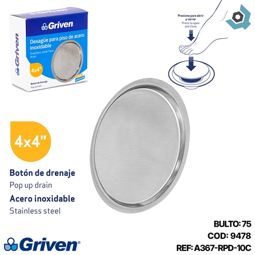 [9478] DESAGUE DE PISO 4" X 4" PUSH ACERO INOXIDABLE GRIVEN