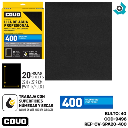 [9496] LIJA DE AGUA 9" X 11" GRANO 400 FINO COVO