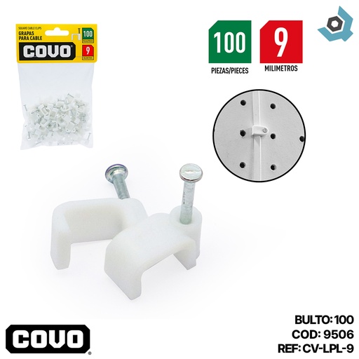 [9506] GRAPAS PARA CABLES 9MM BLANCO COVO