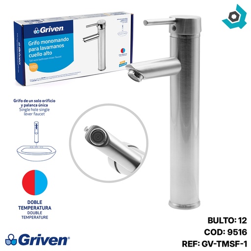 [9516] GRIFERIA PARA LAVAMANOS INDIVIDUAL SATINADO CUELLO ALTO GRIVEN