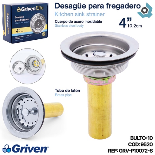 [9520] DESAGUE PARA FREGADERO 4" ACERO INOXIDABLE GRIVEN ELITE