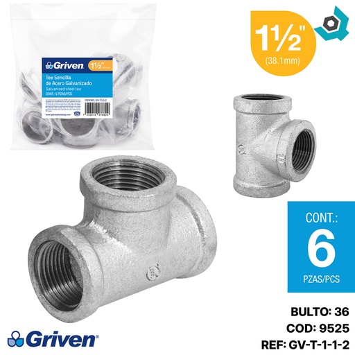 [9525] TEE 1 1/2" DE ACERO GALVANIZADO SENCILLA HR GRIVEN