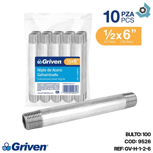 [9526] NIPLE 1/2" X 6" DE ACERO GALVANIZADO GRIVEN