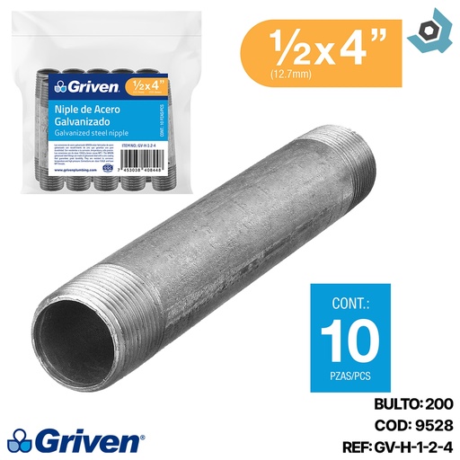[9528] NIPLE 1/2" X 4" DE ACERO GALVANIZADO GRIVEN