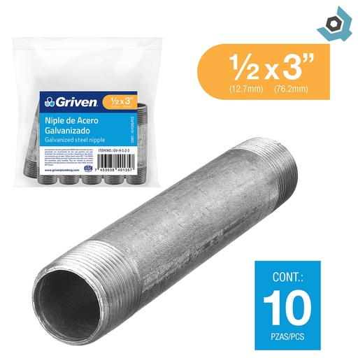 [9529] NIPLE 1/2" X 3" DE ACERO GALVANIZADO GRIVEN
